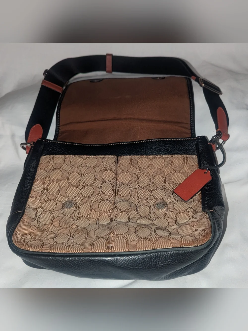 Coach Sprint Map Bag 25 Black Leather & Brown Signature Messenger Bag
